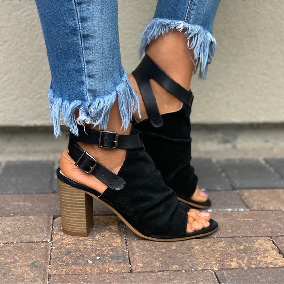Anthropologie Shoes - Ruching Suede Block Heel Slingback Peep Toe Sandal